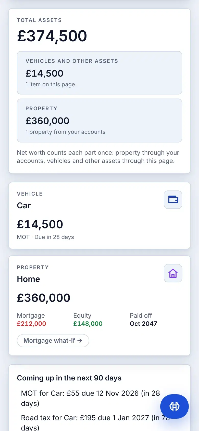 The Assets page with the Home and the Car, the car's upcoming MOT, road tax and service costs listed under Coming up.