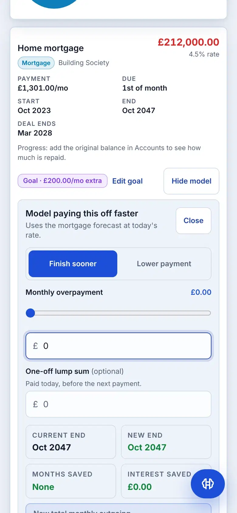 The Debt page pay-off model for the Home mortgage with no overpayment: the current end date, no months saved and no interest saved.