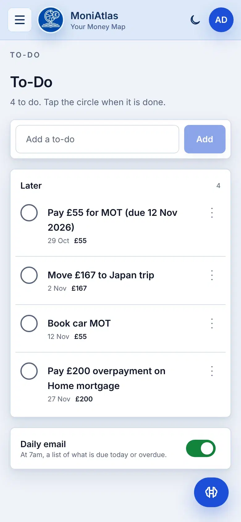 The To-Do list with the payday jobs: pay the £200 mortgage overpayment, move £167 to the Japan trip, pay the car's MOT and book the MOT.