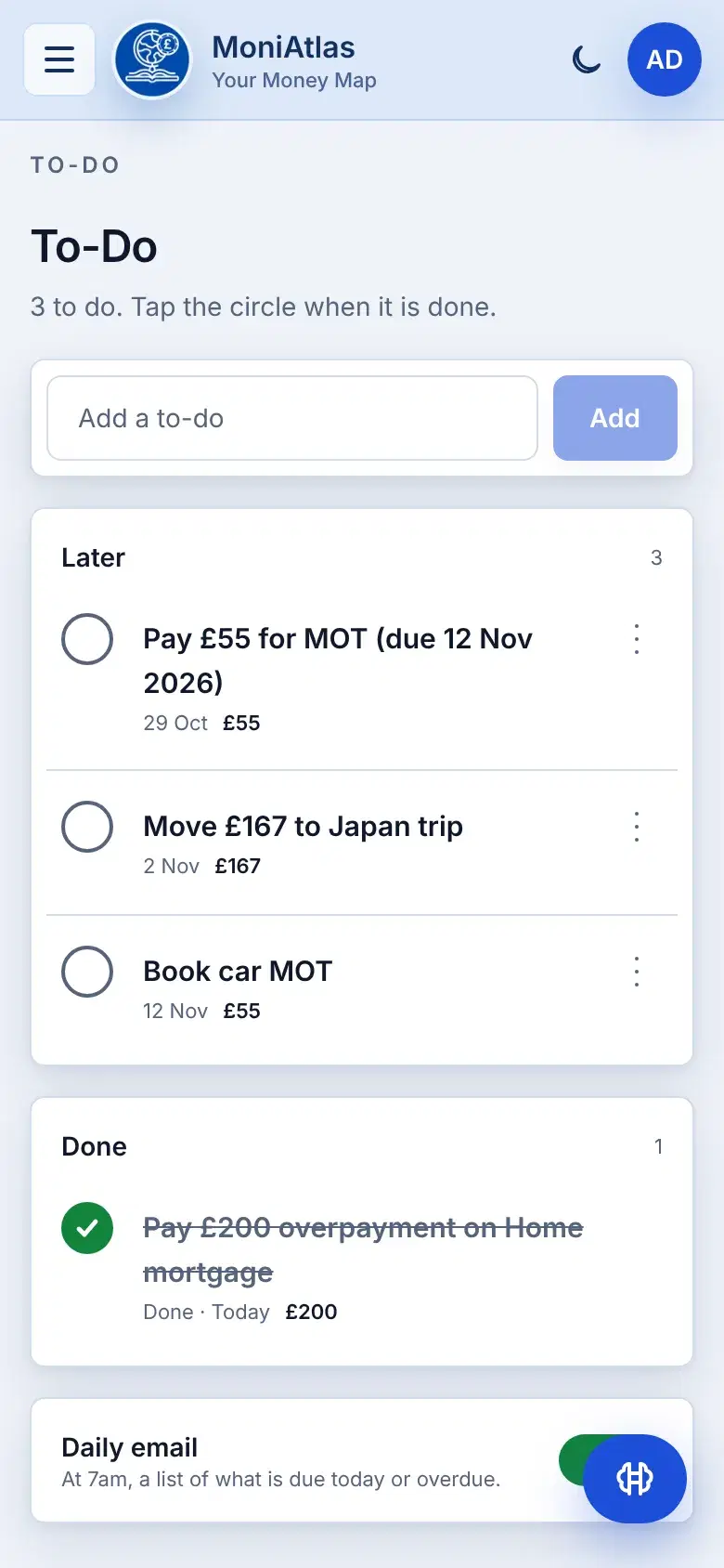 The same To-Do list after tapping the overpayment item: it is ticked and moved to Done.